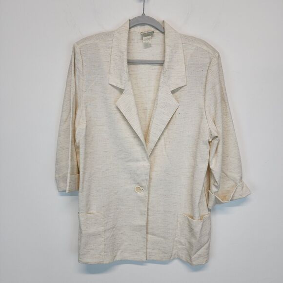 Vtg 90s Relaxed Blazer Jacket Size L Ivory Longline Woven Lightweight Coastal - Picture 1 of 13